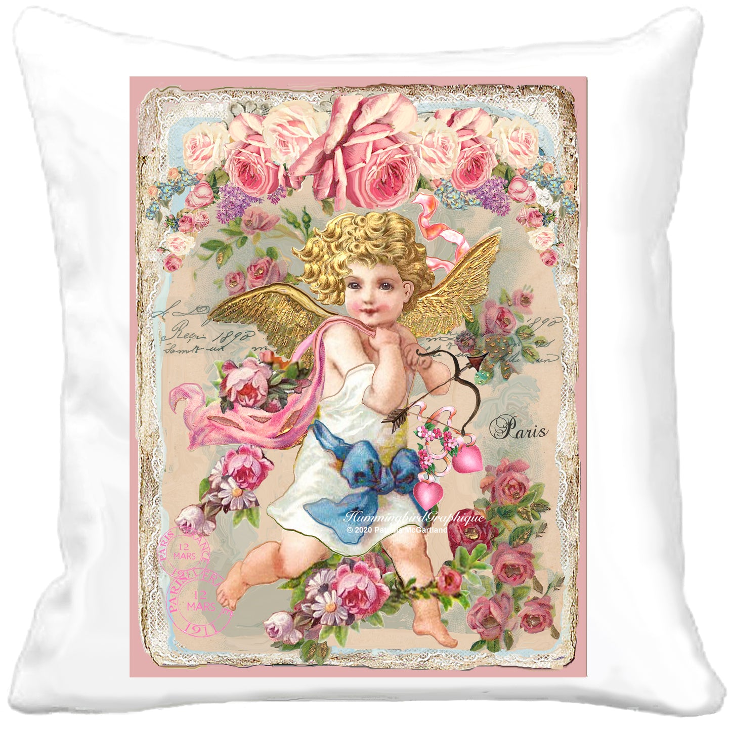 #589 HERMOSA CHICA CUPIDO CON ARCO, FLECHA Y ROSAS - HERMOSA IMAGEN SHABBY