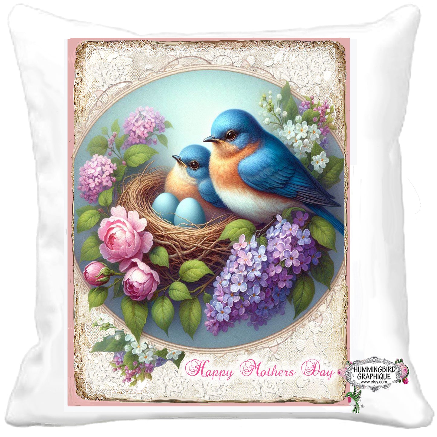 #1245 BEAUX MERLES BLEUS DANS UN NID AVEC DES LILAS ET DES ROSES AU NID - BELLE IMAGE SHABBY