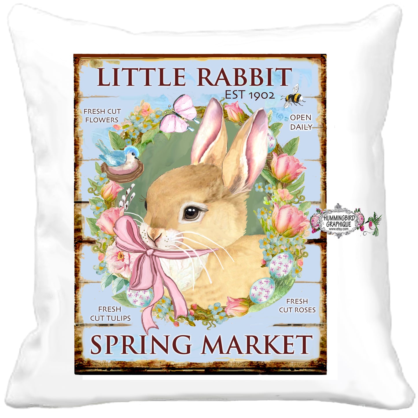 #1175 PETIT LAPIN MARCHÉ DE PRINTEMPS TULIPES FRAÎCHES PANNEAU EN BOIS - MARCHÉ DE CAMPAGNE