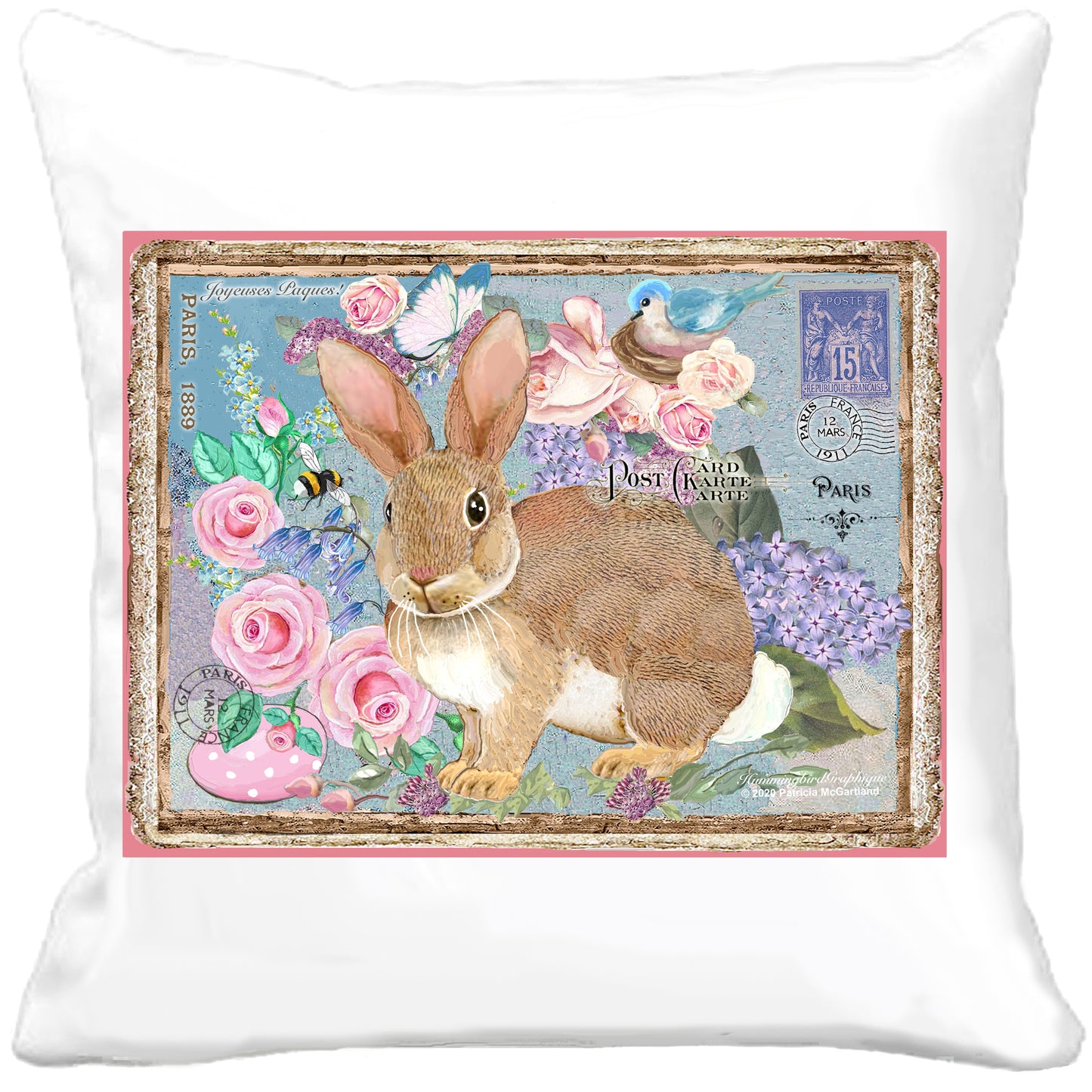 #991 BEAUTIFUL BUNNY POSTCARD WITH BLUEBIRD EASTER EGG ROSES BEE AND LILACS - COUNTRY IMAGE