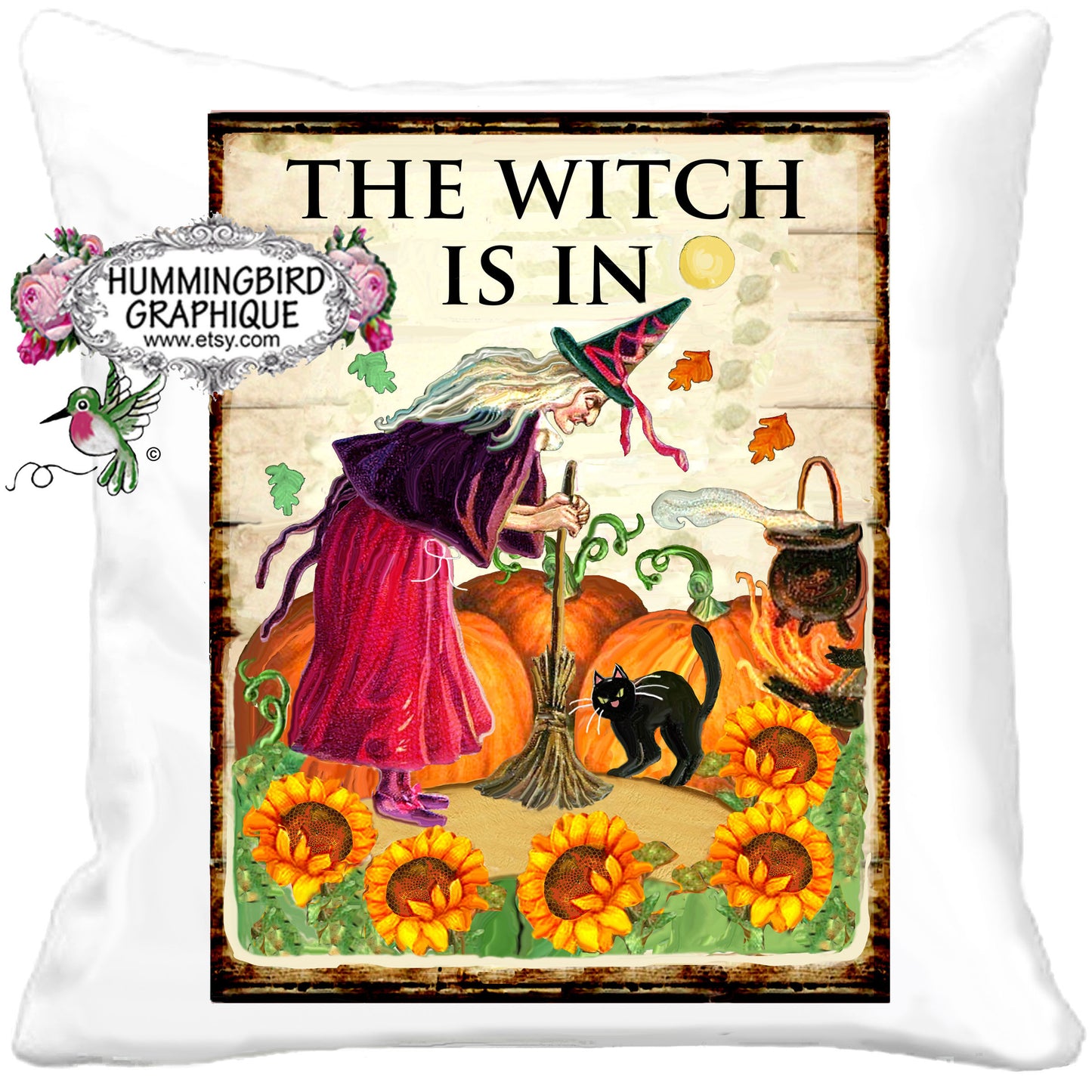 #1139 THE WITCH IS IN WITH HER BLACK CAT AND CAULDRON - DOOR HANGER