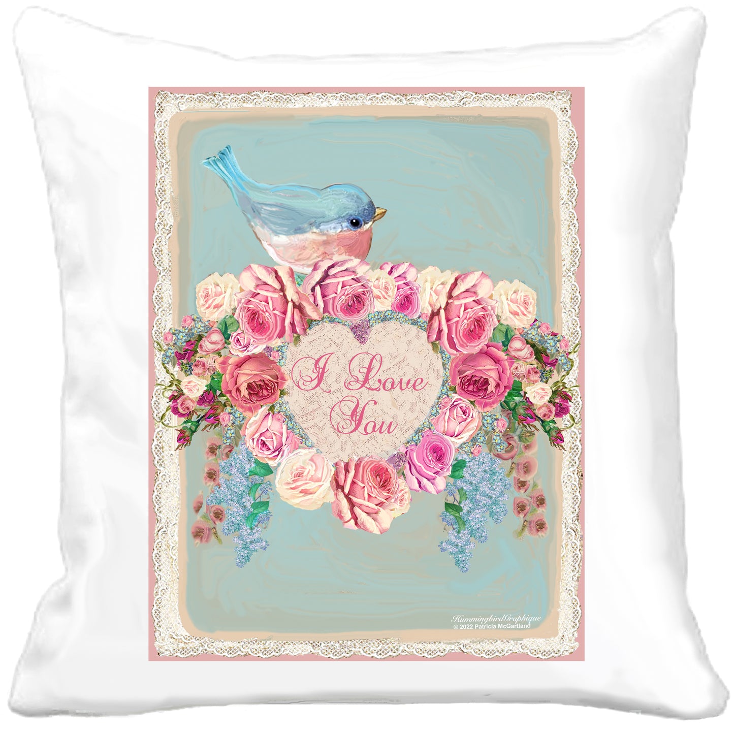 #1070A TE AMO PÁJARO AZUL Y CORAZÓN DE ROSAS - HERMOSA IMAGEN SHABBY