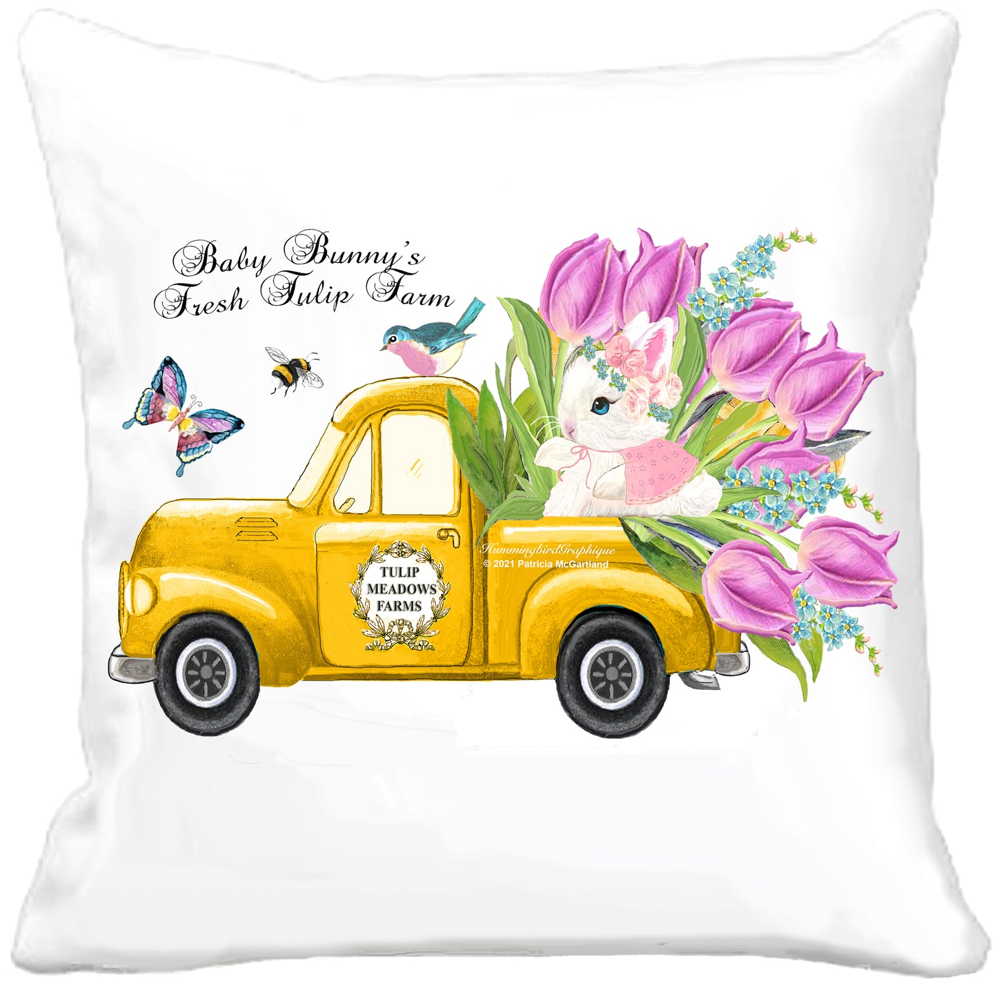 #1001 PRECIOUS BABY BUNNY FARM TRUCK WITH BLUEBIRD TULIPS BUTTERFLY AND BEE- COUNTRY IMAGE