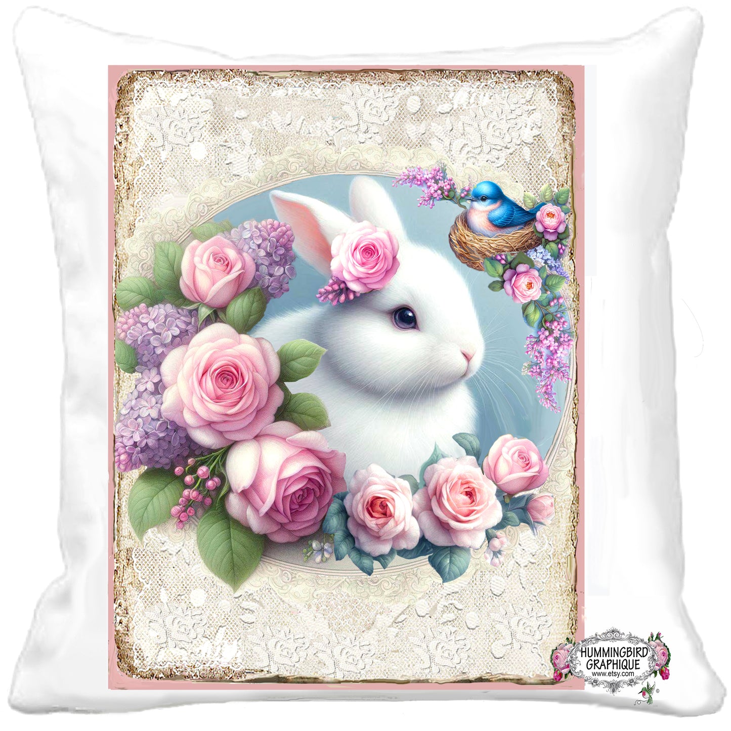 #1222B BEAUTIFUL BUNNY WITH ROSES LILACS AND BLUEBIRD IN NEST- BUNNIES