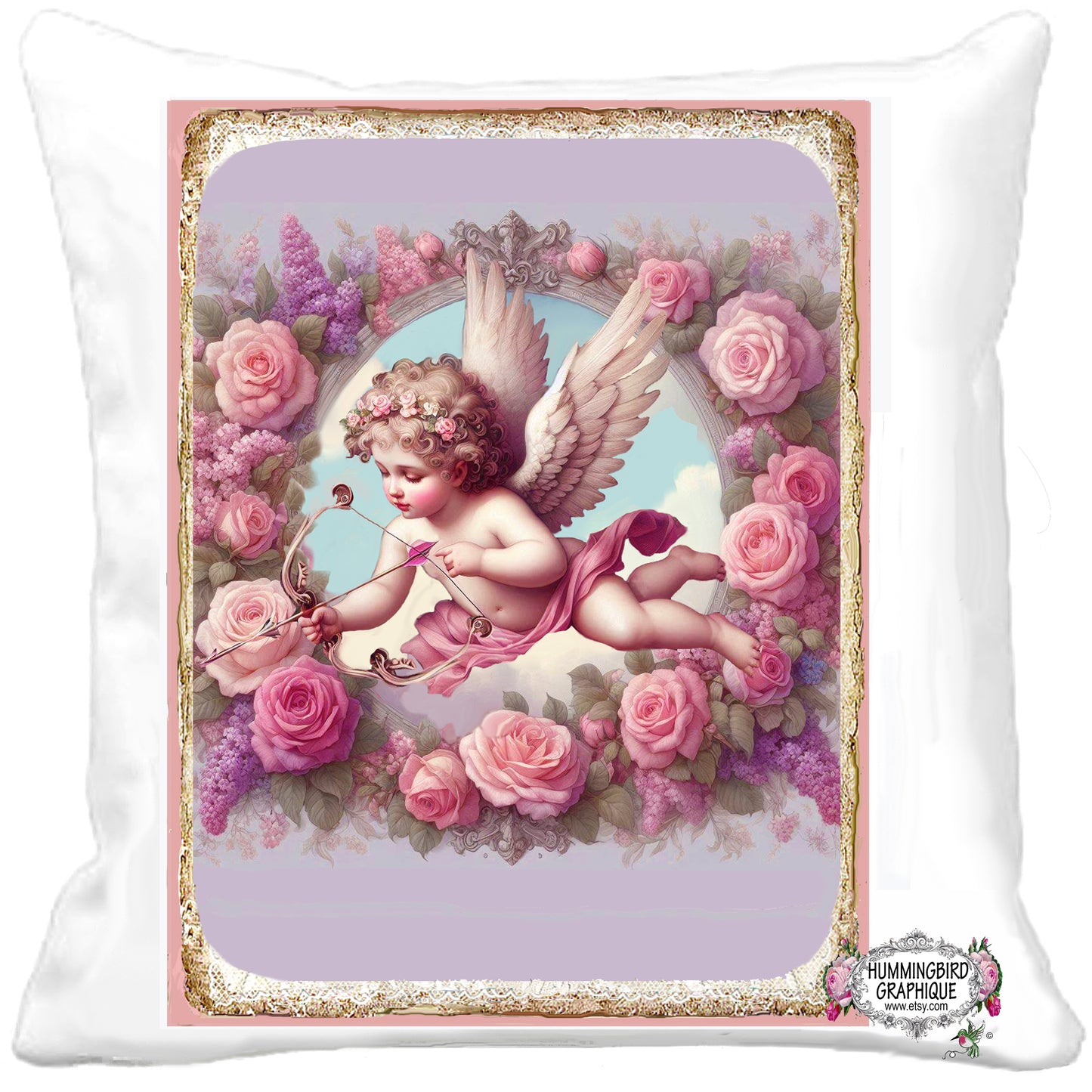 #1222CV BEAUTIFUL CUPID WITH BOW AND ARROW WITH ROSES AND LILACS - BEAUTIFUL SHABBY IMAGE