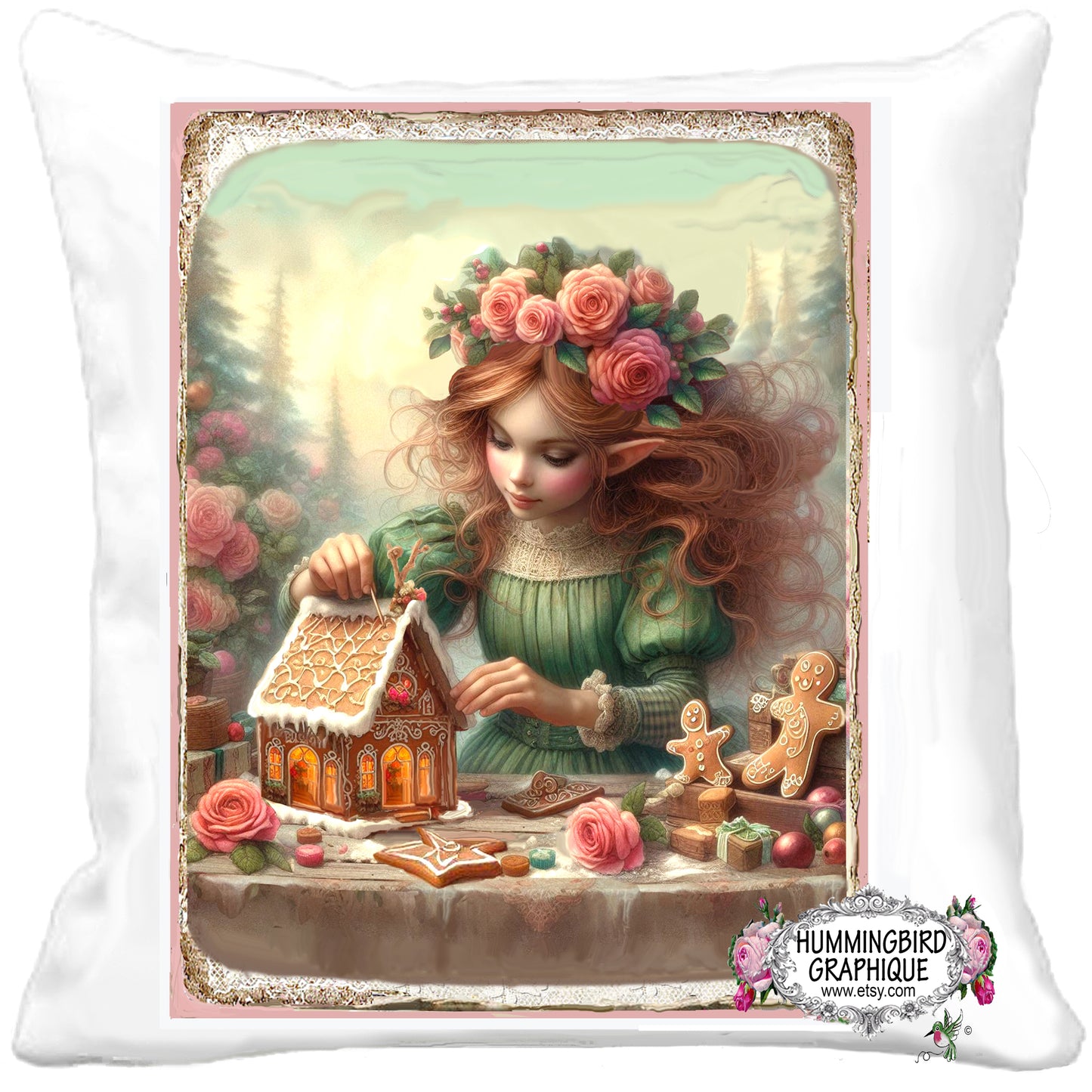 #1222E ENCHANTING LITTLE GIRL ELF MAKING A GINGERBREAD HOUSE IN HER BAKE SHOP - CHRISTMAS