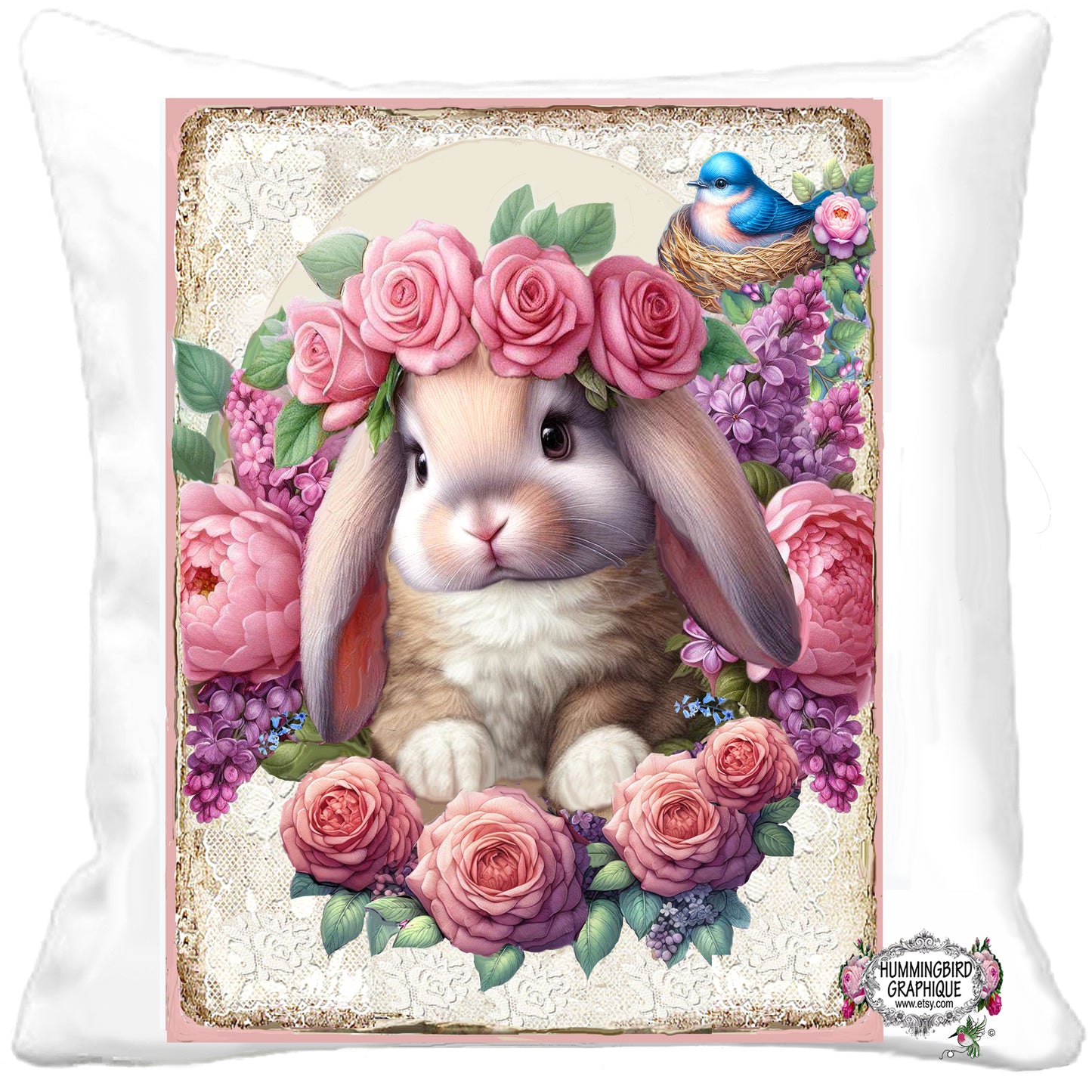 #1222F BEAUTIFUL FLOPPY EAR BABY BUNNY WITH BLUEBIRD IN NEST - BUNNIES