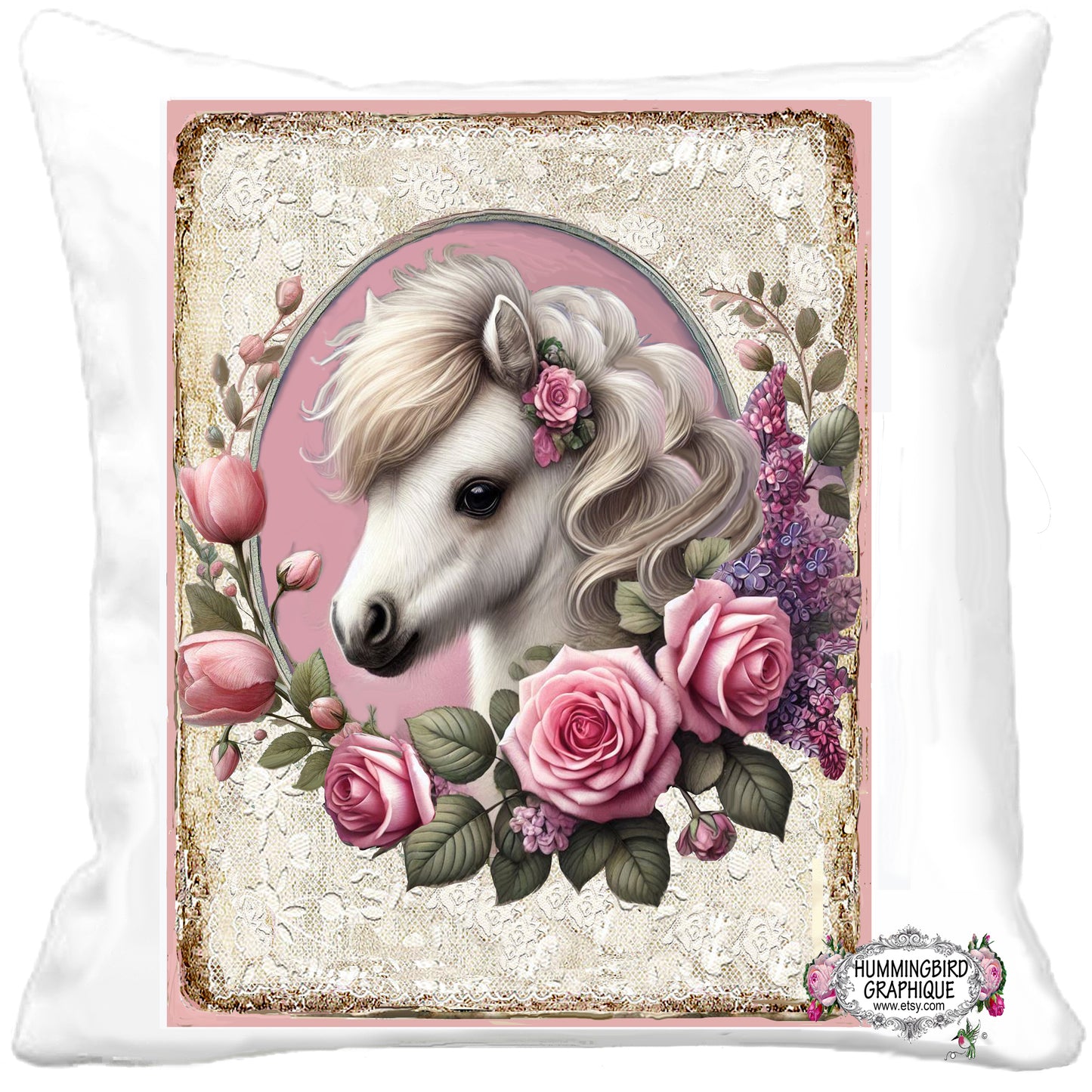 #1222PPP BEAUTIFUL BABY PRANCING PONY WITH ROSES TULIPS LILACS AND LACE - BEAUTIFUL SHABBY IMAGE