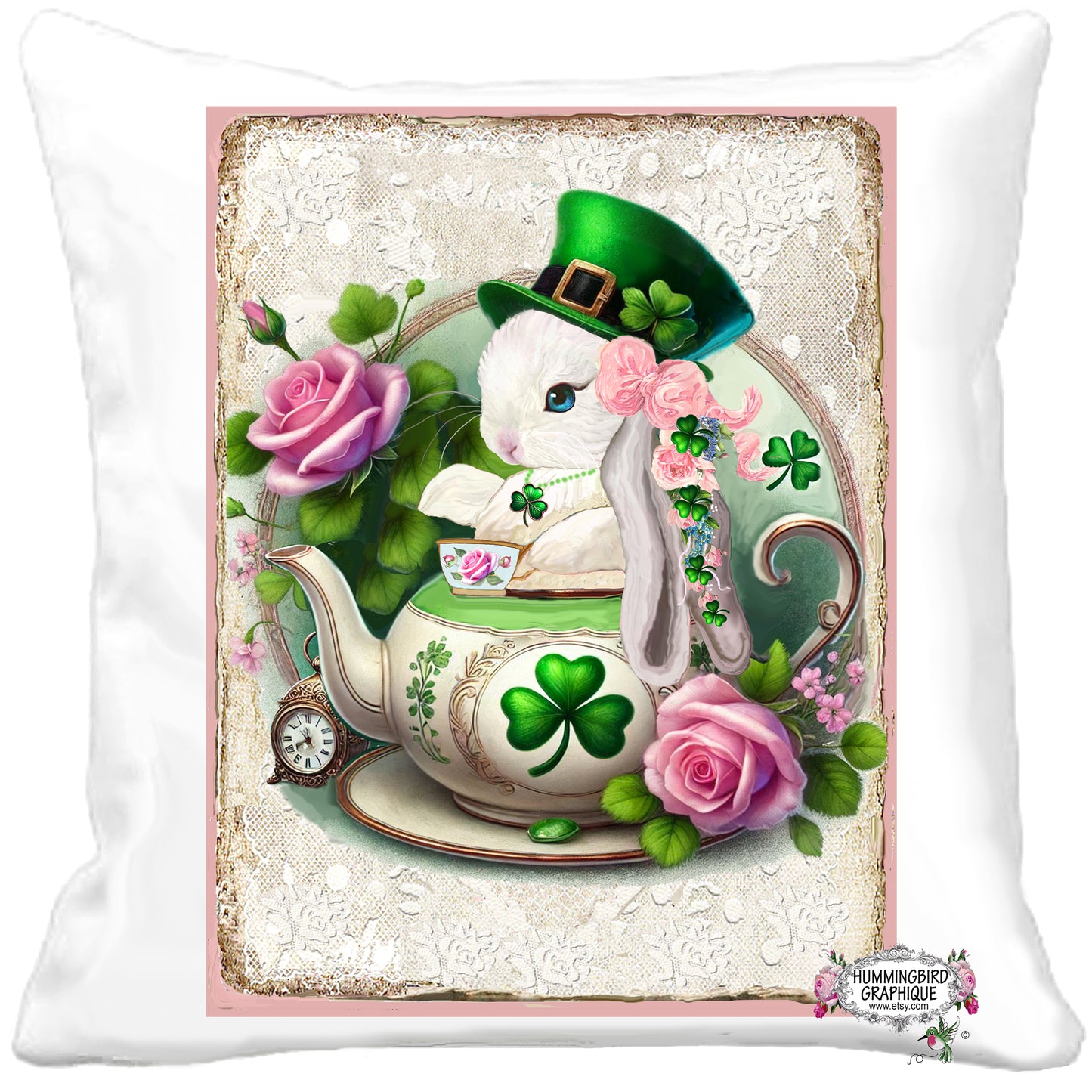 #592SH PRECIOUS KISS THE BLARNEY STONE BABY BUNNY IN TEAPOT WITH SHAMROCK NECKLACE- BUNNIES