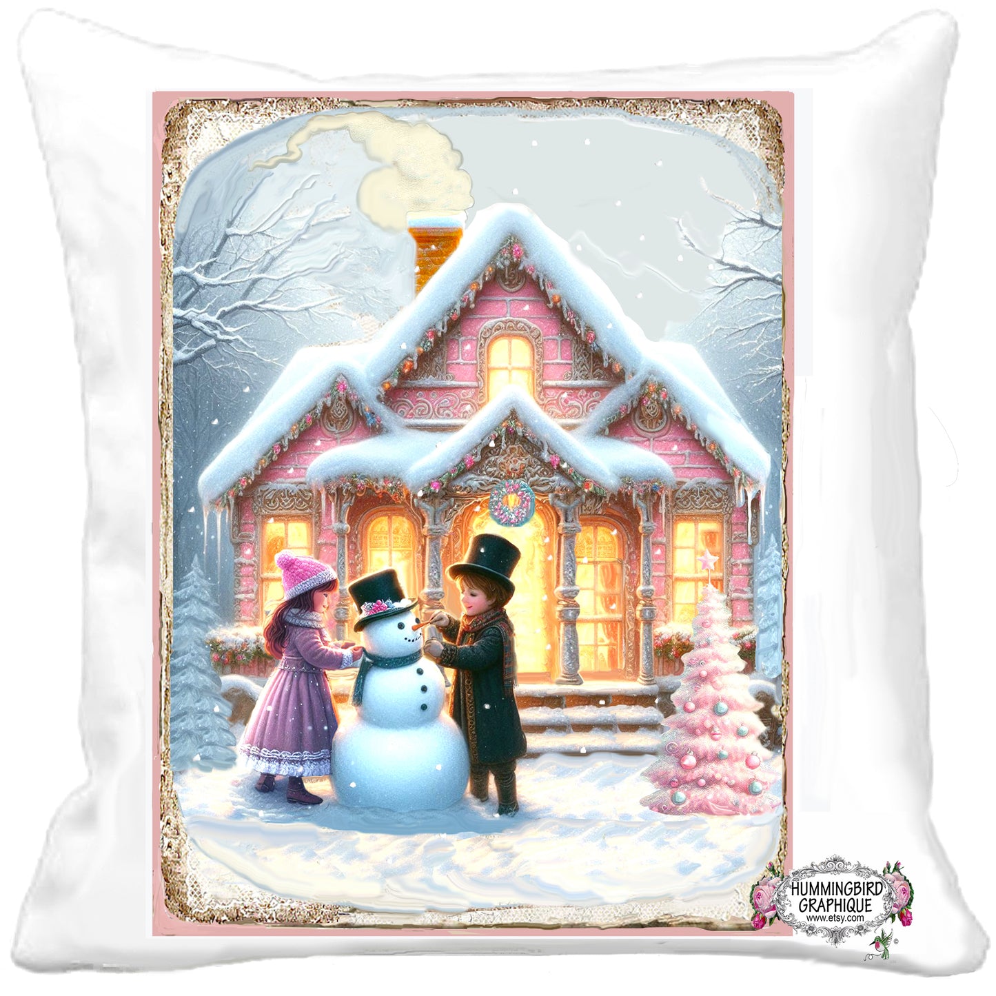 #1222SK BEAUTIFUL PINK VICTORIAN HOUSE WITH VICTORIAN CHILDREN BUILDING A SNOWMAN ON A SNOWY DAY- CHRISTMAS