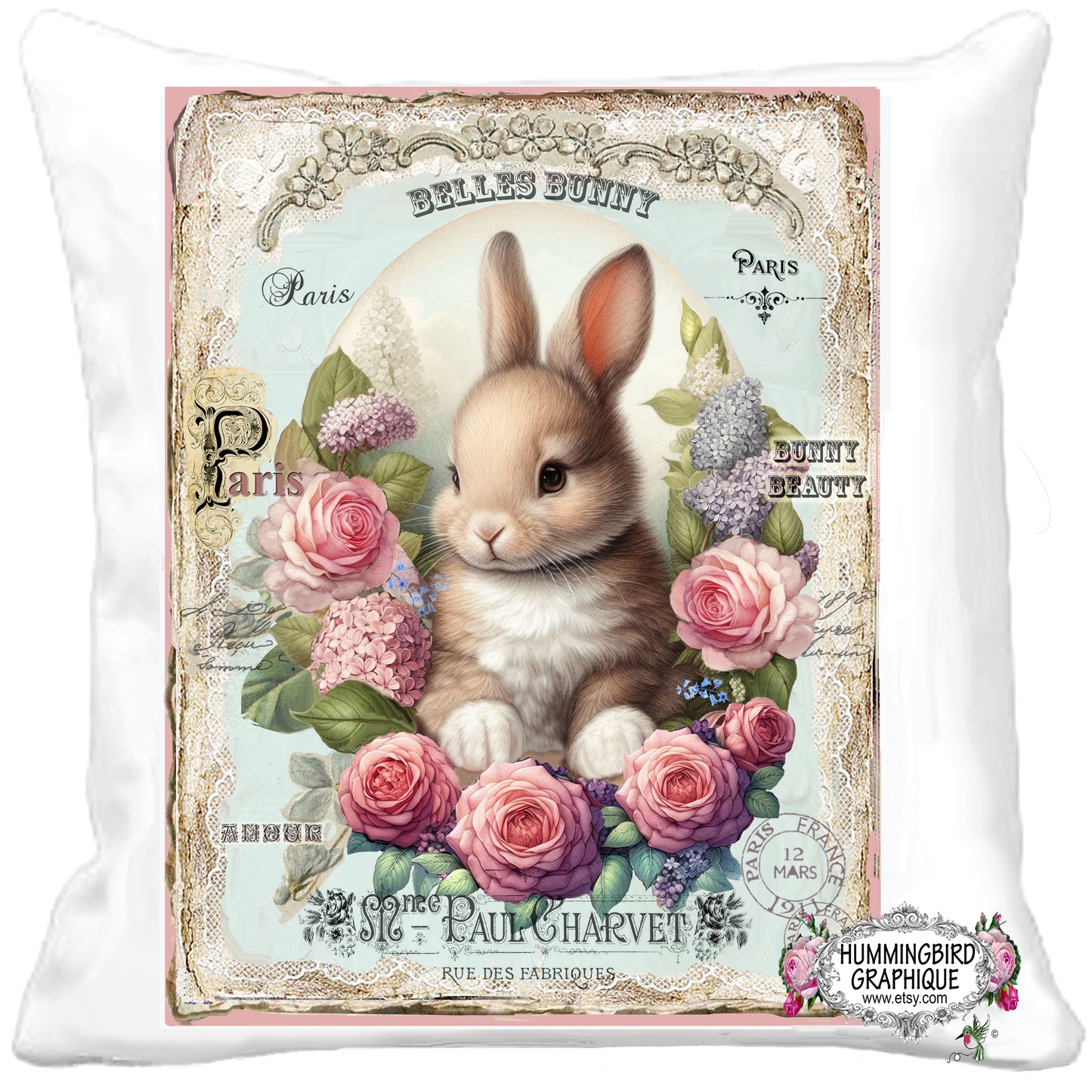 #301B PRECIOUS BABY BUNNY WITH FRENCH WORDS ON LACE - BUNNIES