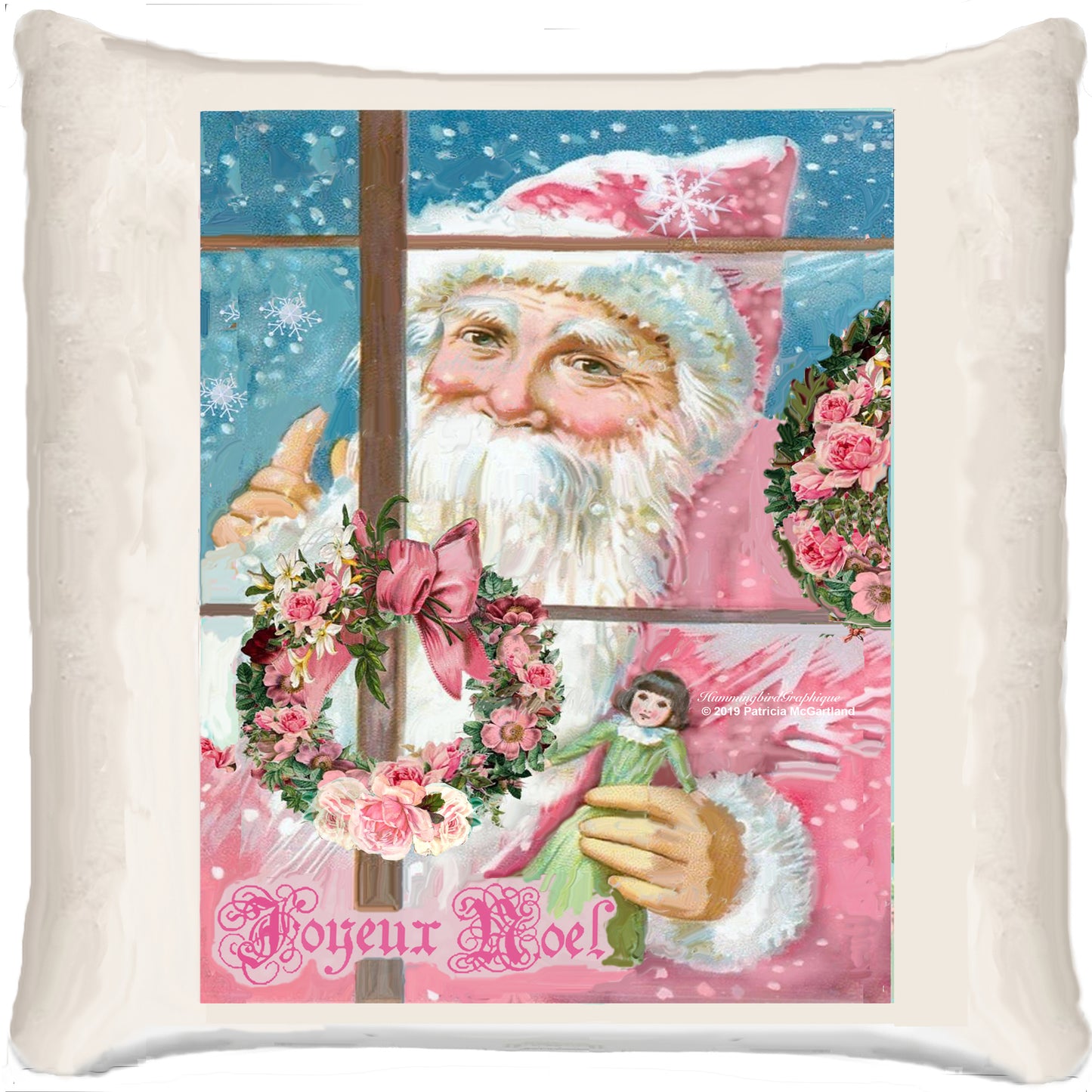 #518 PINK SANTA AT THE WINDOW WITH ANTIQUE DOLL- CHRISTMAS