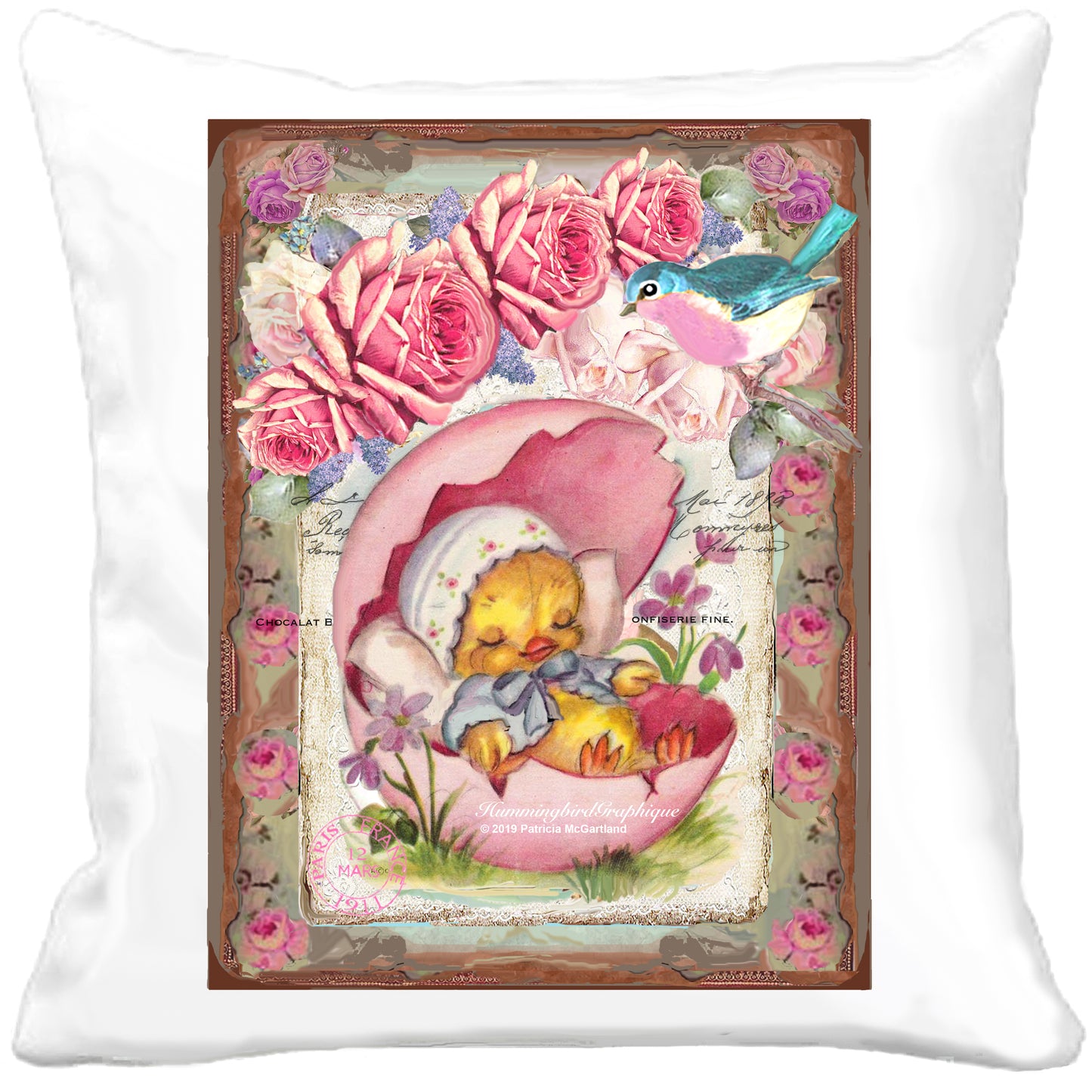 #462 PRECIOUS BABY CHICK SLEEPING IN EGGSHELL WITH BLUEBIRD AND ROSES - BEAUTIFUL SHABBY IMAGE