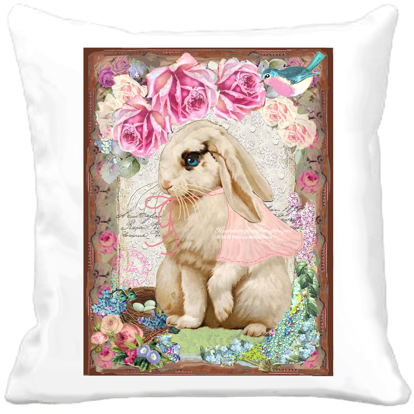 #446 BEAUTIFUL BUNNY WITH BLUEBIRD AND PINK ROSES - BEAUTIFUL SHABBY IMAGE