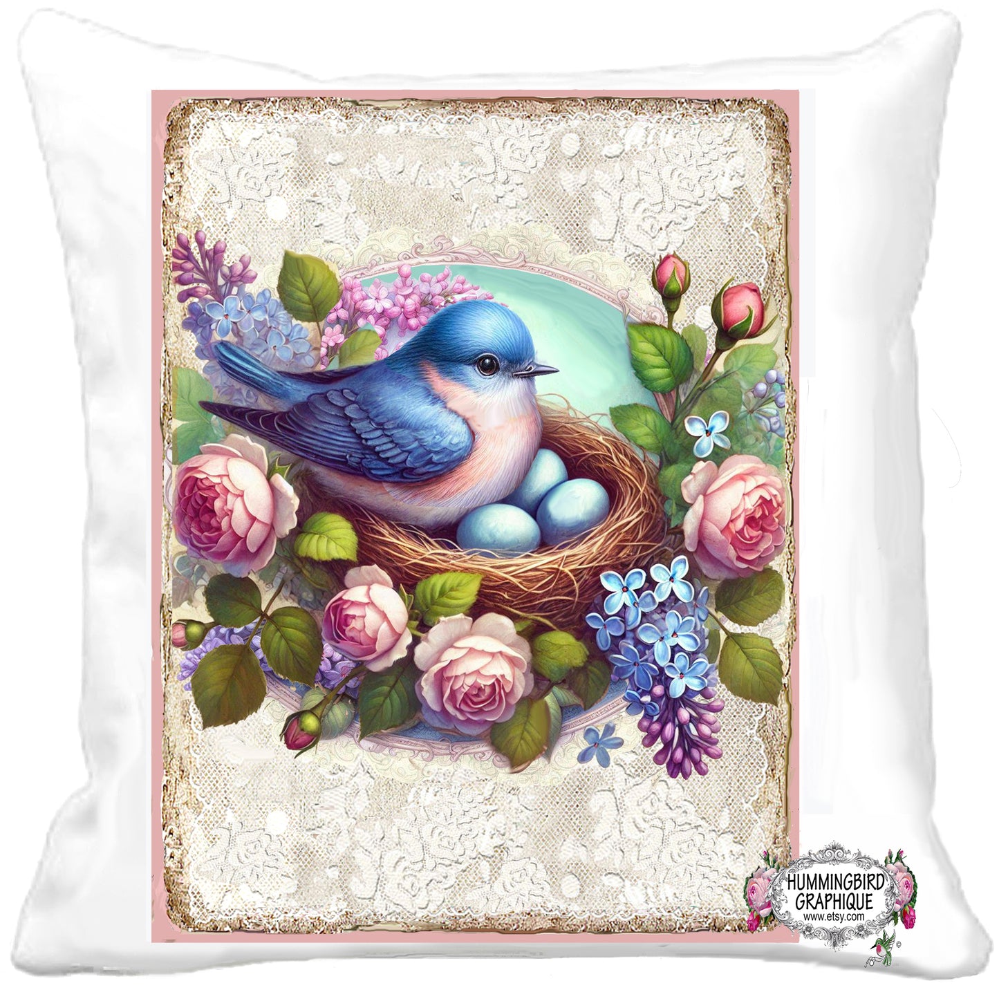 #1222BC BEAUTIFUL BLUEBIRD IN MY HEART WITH NEST AND EGGS - BEAUTIFUL SHABBY IMAGE