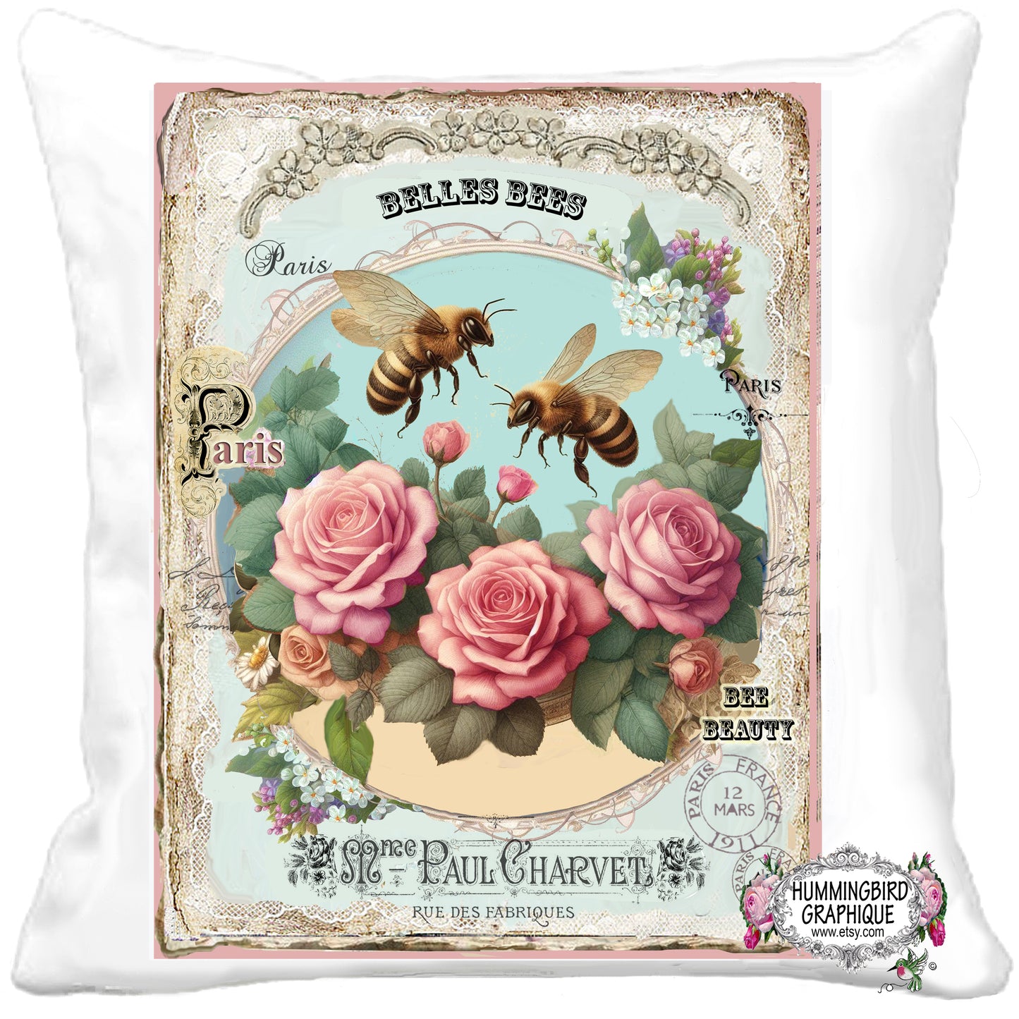 #301BE BEAUTIFUL VINTAGE HONEY BEES WITH FRENCH WORDS ON LACE- BEAUTIFUL SHABBY IMAGE