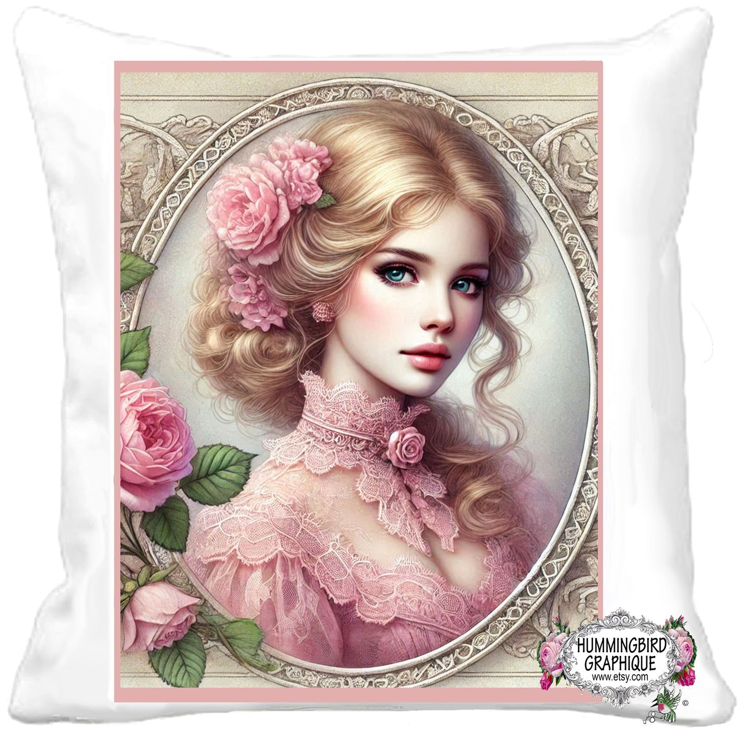 #301BLA BEAUTIFUL VICTORIAN LADY IN SHEER PINK BLOUSE AND ROSES- BEAUTIFUL SHABBY IMAGE