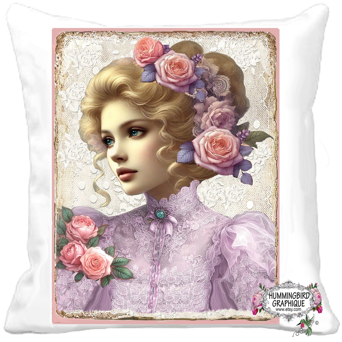 #301BW BEAUTIFUL VICTORIAN LADY WITH PINK ROSES LAVENDER BLOUSE ON LACE - BEAUTIFUL SHABBY IMAGE