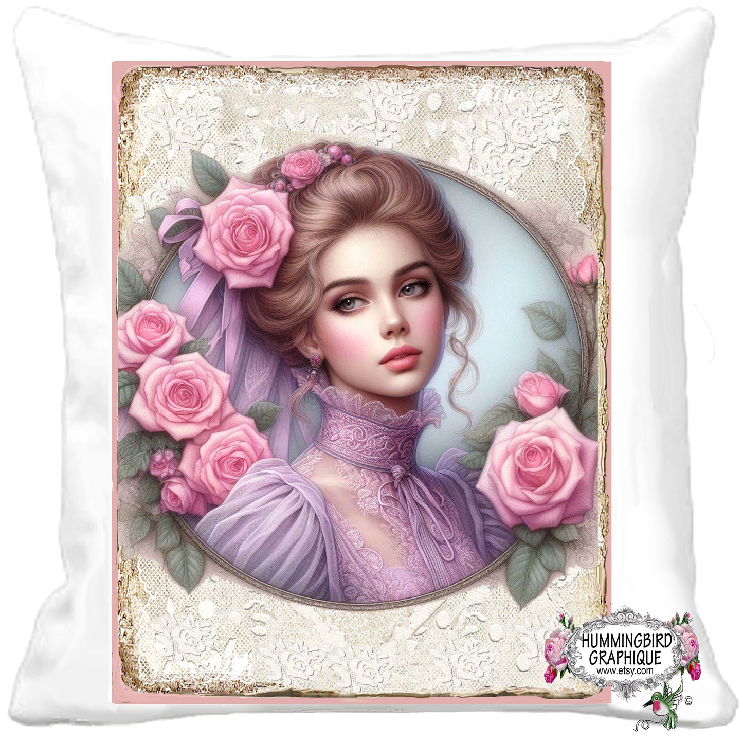 #301BWW BEAUTIFUL VICTORIAN LADY IN LAVENDER SHEER BLOUSE WITH PINK ROSES ON LACE - BEAUTIFUL SHABBY IMAGE