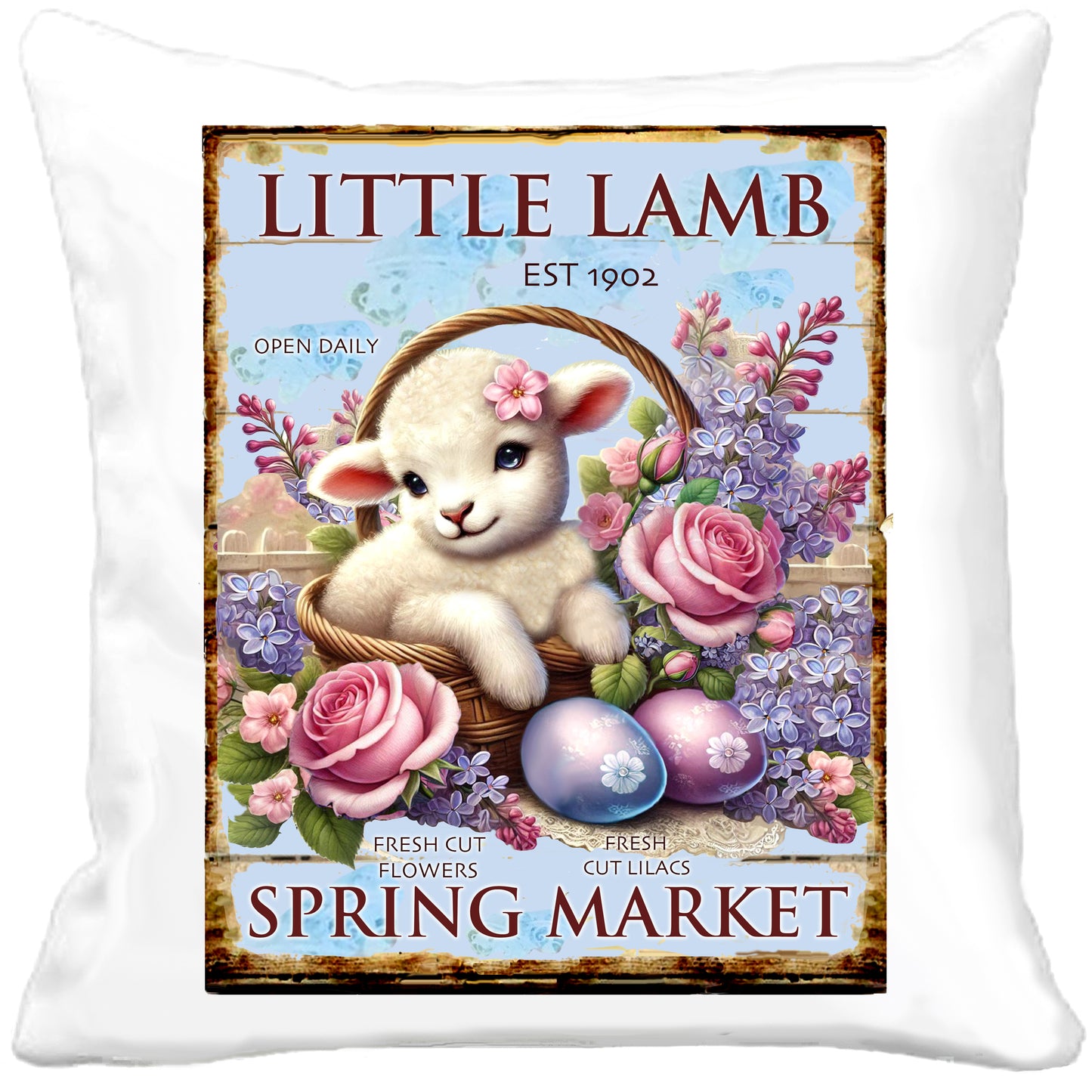 #1087LL COUNTRY LITTLE LAMB WITH ROSES AND LILACS IN EASTER BASKET WOOD SPRING MARKET SIGN- COUNTRY