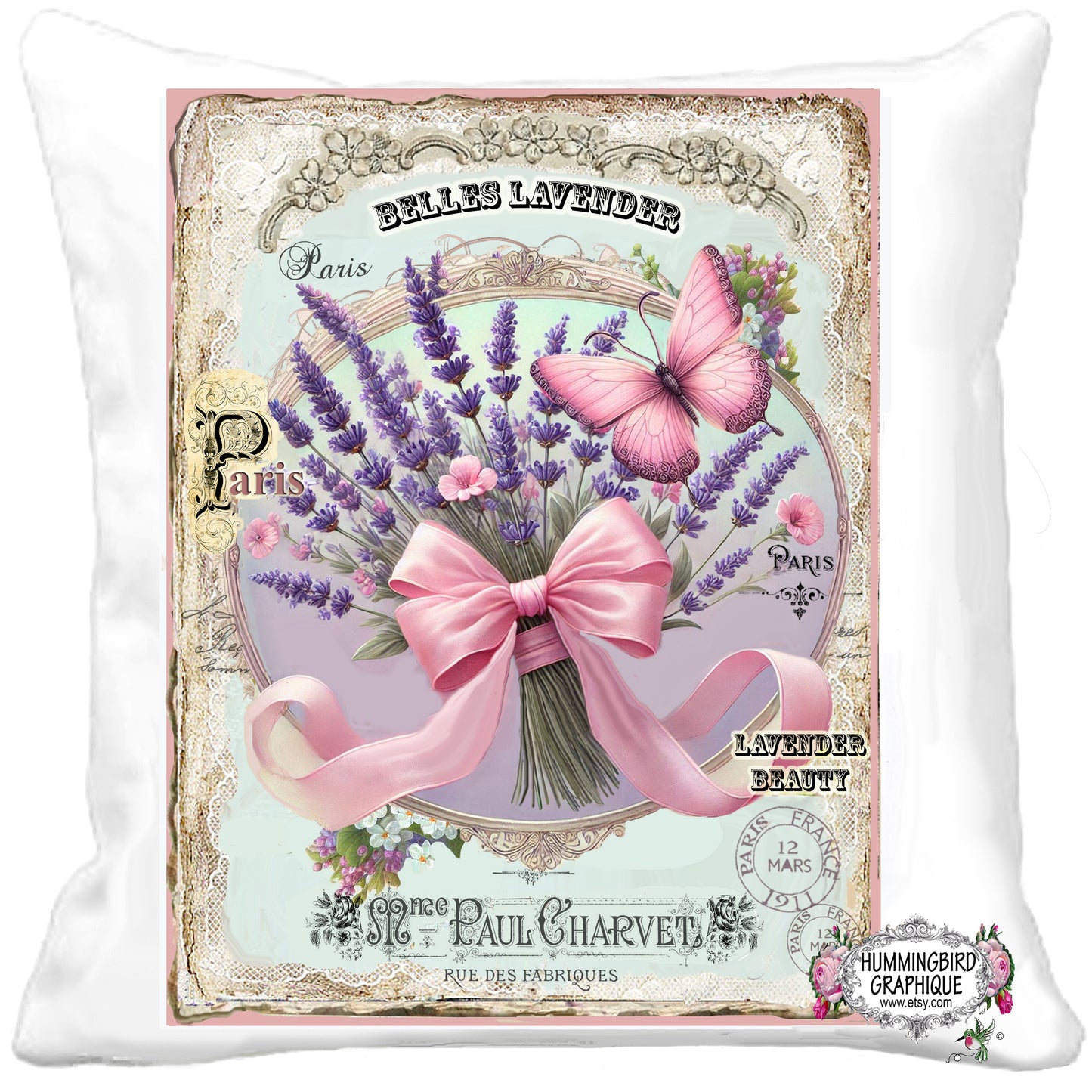 #301L BEAUTIFUL LAVENDER WITH PINK SHEER BOW ON LACE WITH FRENCH WORDS -BEAUTIFUL SHABBY IMAGE