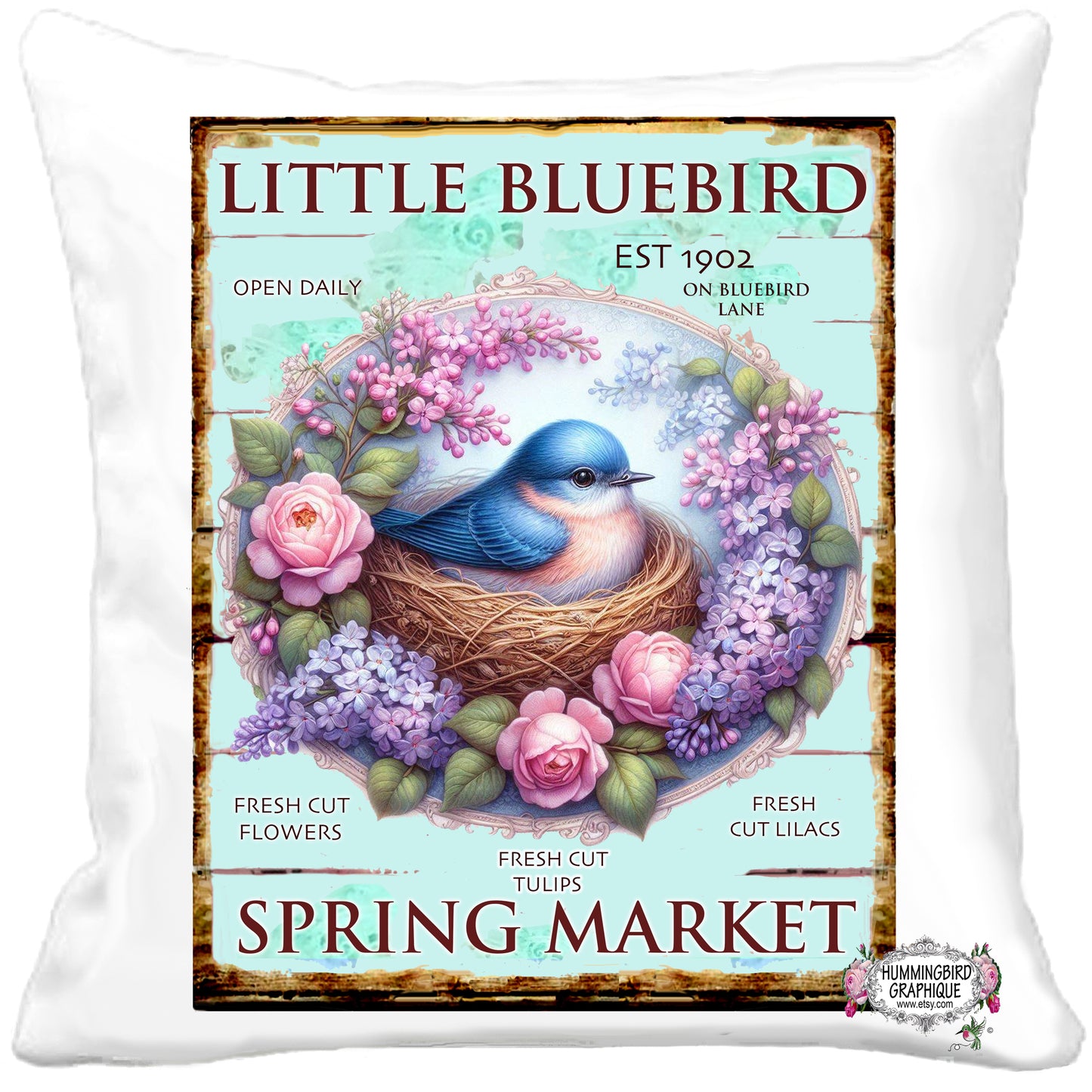 #1087BL  LITTLE BLUEBIRD IN NEST WITH EGGS ROSES AND LILACS COUNTRY WOOD SIGN - COUNTRY