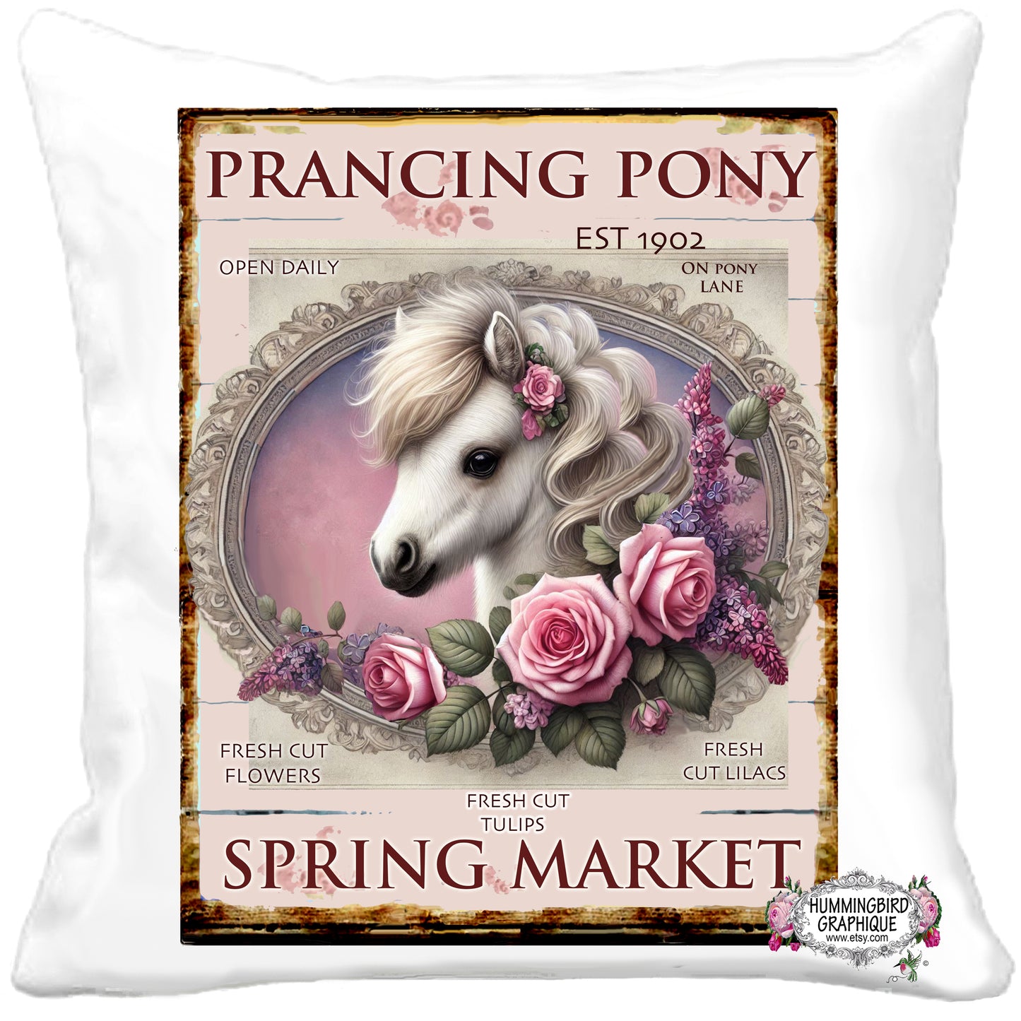 #1086PP PRECIOUS PRANCING PONY WITH ROSES AND LILACS COUNTRY MARKED SIGN - COUNTRY