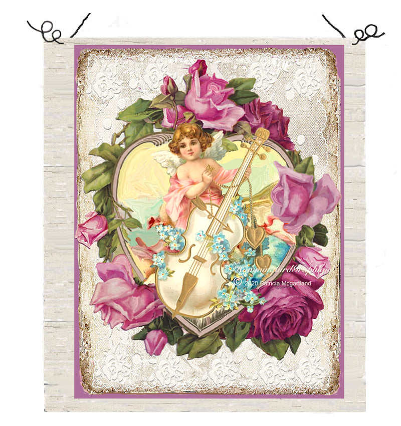 #584 BEAUTIFUL CUPID WITH CELLO AND ROSES - BEAUTIFUL SHABBY IMAGE