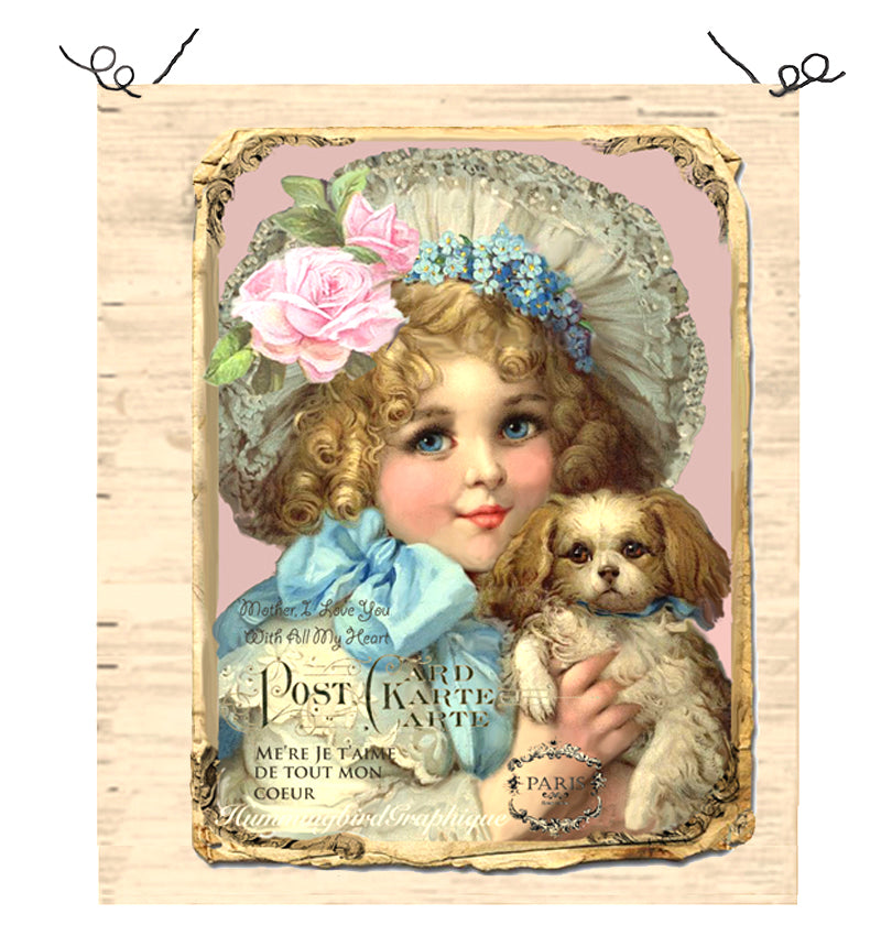 #53 BEAUTIFUL BONNET GIRL WITH HER PUPPY - BEAUTIFUL SHABBY IMAGE