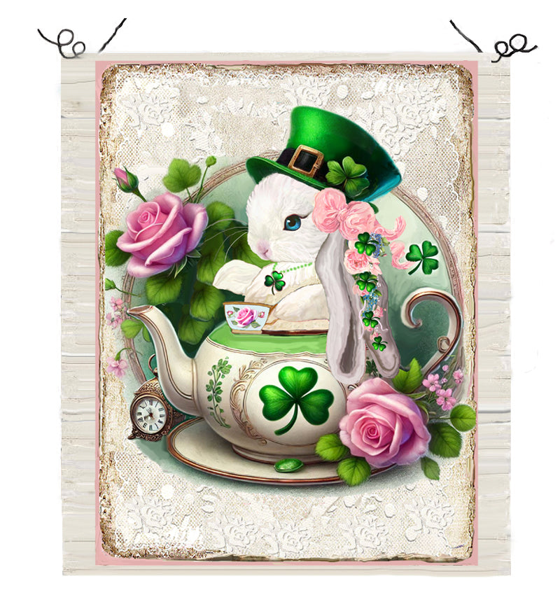 #592SH PRECIOUS KISS THE BLARNEY STONE BABY BUNNY IN TEAPOT WITH SHAMROCK NECKLACE- BUNNIES