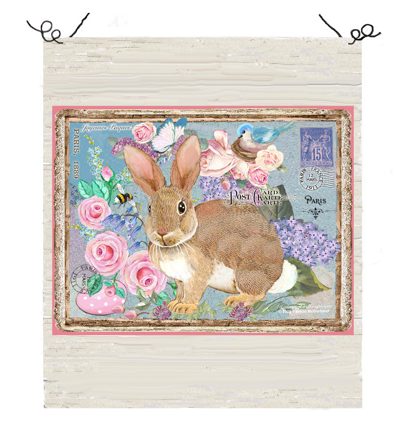 #991 BEAUTIFUL BUNNY POSTCARD WITH BLUEBIRD EASTER EGG ROSES BEE AND LILACS - COUNTRY IMAGE