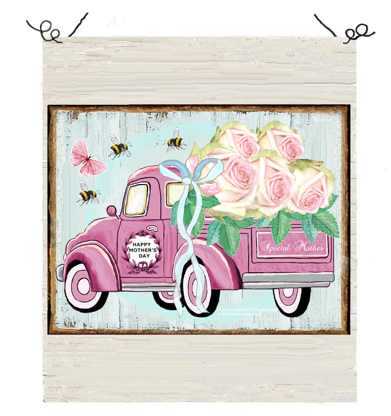 #1019 PINK MOTHERS DAY TRUCK WITH BEAUTIFUL ROSES - COUNTRY IMAGE