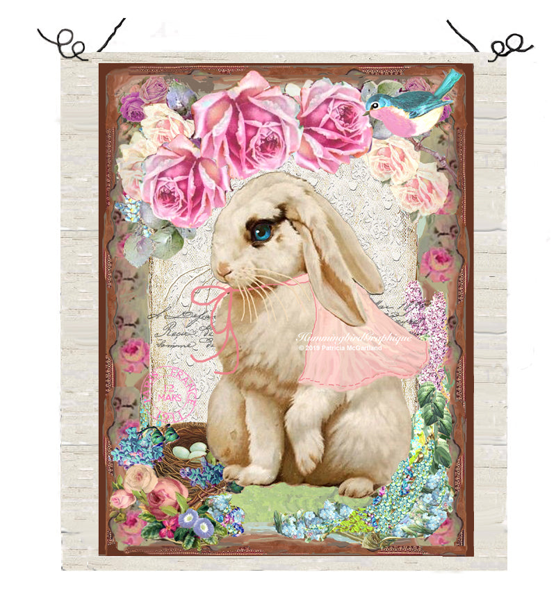 #446 BEAUTIFUL BUNNY WITH BLUEBIRD AND PINK ROSES - BEAUTIFUL SHABBY IMAGE