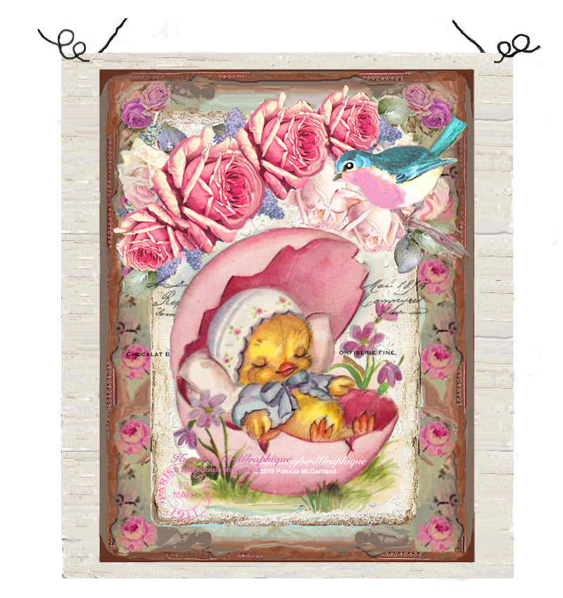 #462 PRECIOUS BABY CHICK SLEEPING IN EGGSHELL WITH BLUEBIRD AND ROSES - BEAUTIFUL SHABBY IMAGE