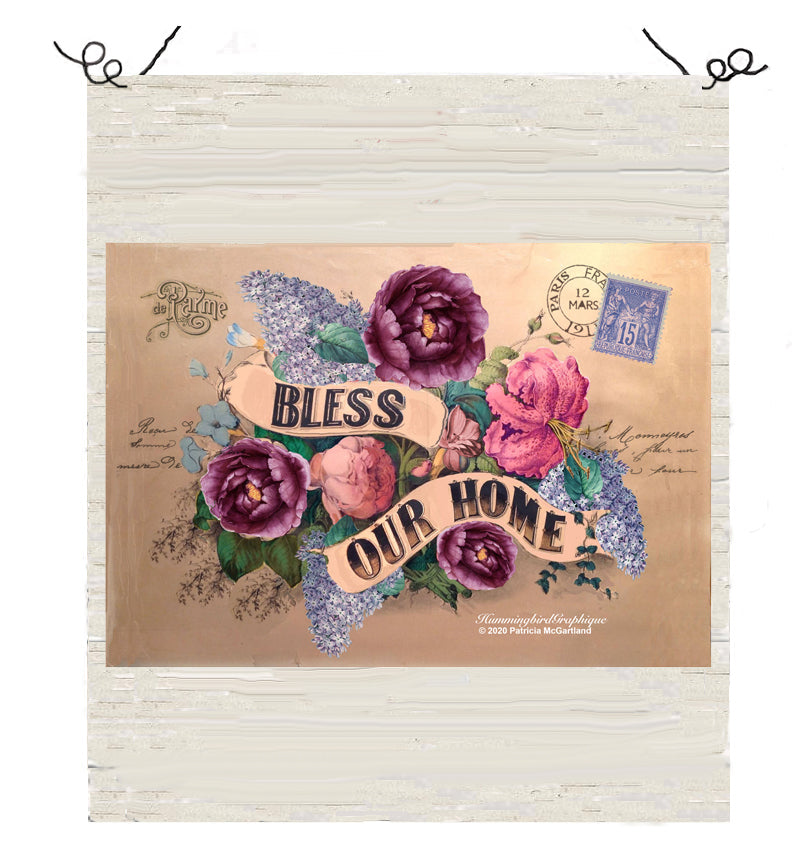 #628 BEAUTIFUL BLESS OUR HOME PEONIES ROSES LILACS SIGN - COUNTRY IMAGE