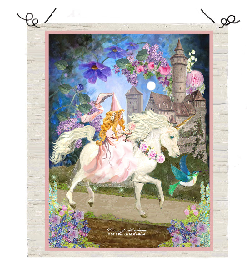 #481 BEAUTIFUL PRINCESS RIDING A UNICORN IN ENCHANTED FOREST- BEAUTIFUL SHABBY IMAGE