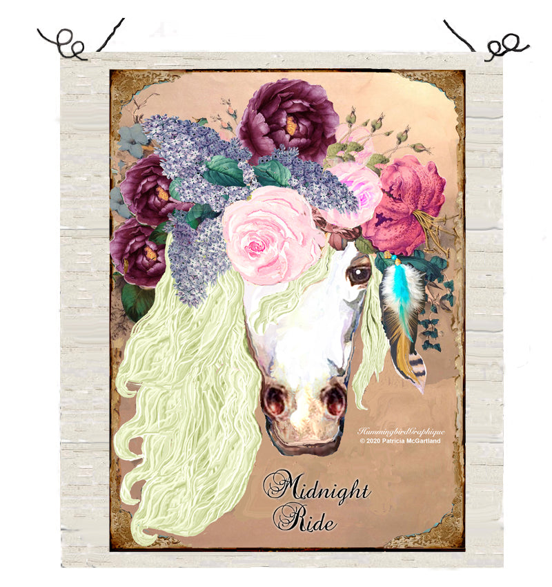 #629 MIDNIGHT RIDE BOHO WHITE HORSE WITH ROSES LILACS AND PEONIES- ANIMALS